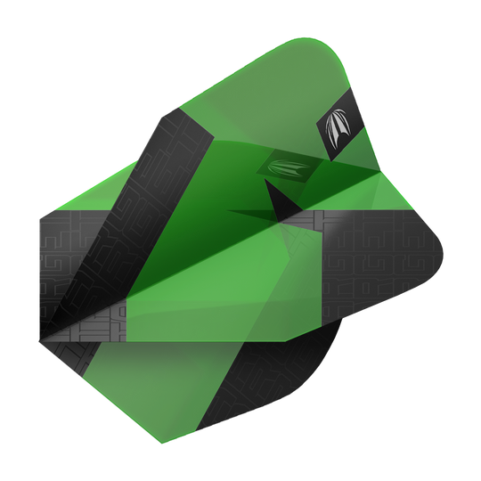 Vuelos estándar Target Pro Ultra TAG Green Ten-X - 3 juegos Das Bild zeigt einen grünen Dartflight mit schwarzen Akzenten aus der Serie "Target Pro Ultra TAG Grün Ten-X Standard Flights". Das moderne Design hebt sich durch klare Farben und Muster hervor.