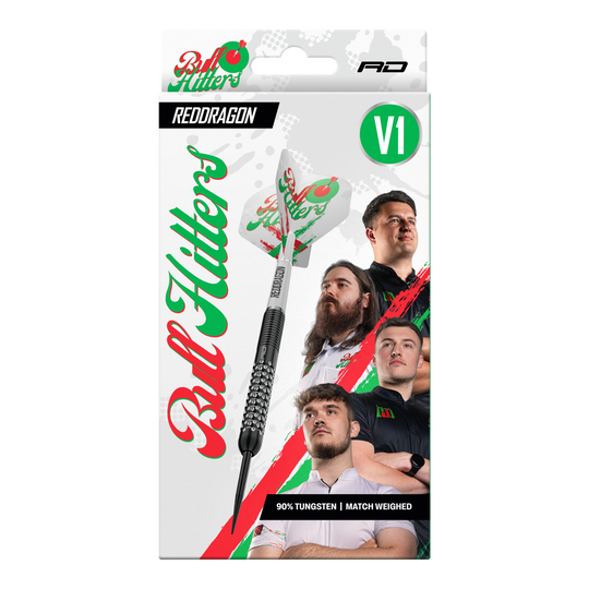 Das Bild zeigt die Red Dragon Bullhitters V1 Steeldarts mit einem Gewicht von 23g. Diese Darts sind für das Steeldart-Spiel geeignet.