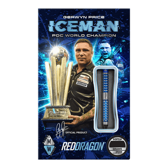 Dardos blandos Red Dragon Gerwyn Price Glacier - 18 g Das Bild zeigt die Verpackung der "Red Dragon Gerwyn Price Glacier Softdarts - 18g". Auf der Verpackung ist ein Dartspieler mit einem Pokal und einem einzelnen Softdart abgebildet.