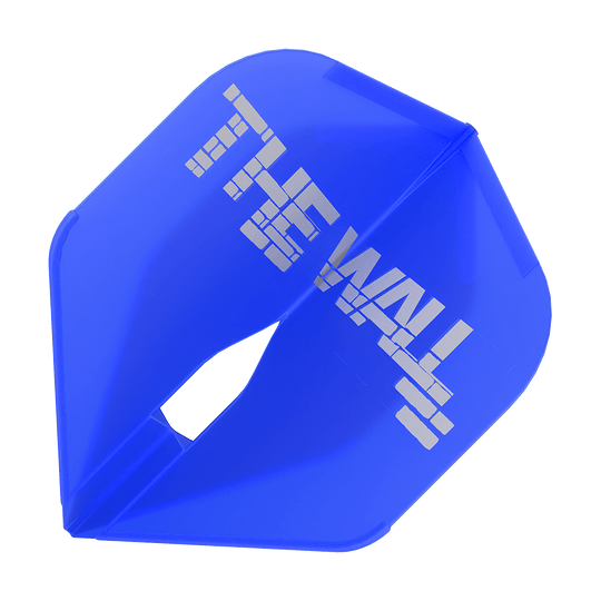 Das Bild zeigt ein blaues Dartflight mit der Aufschrift "THE WALL". Es handelt sich um das Modell "L-Style Martin Schindler Blau L1PRO Flights".