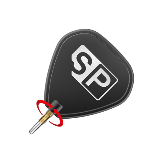 Puntas de dardos Target Swiss Point Chrono - Oro Das Bild zeigt eine schwarze Dartspitze mit den weißen Buchstaben "SP" darauf. Ein roter Pfeil deutet auf eine Drehbewegung an der goldenen Schraubverbindung hin.