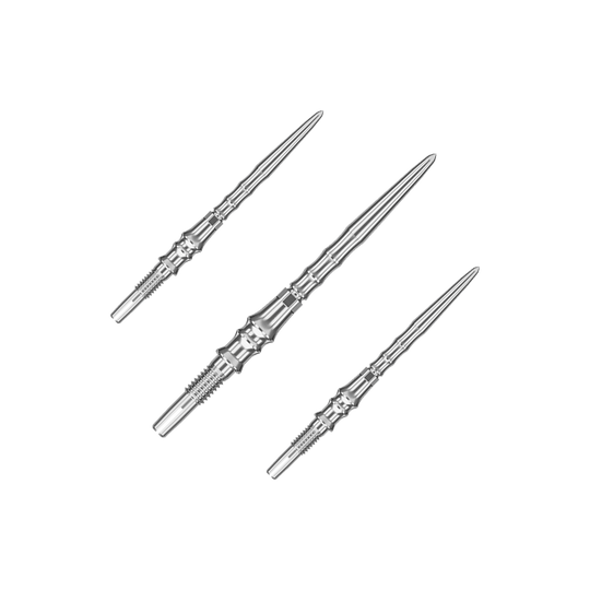 Ein Set silberner SwissPoint-Dartspitzen mit einer Länge von 30 mm ist abgebildet. Die Dartspitzen sind für den Einsatz mit Target Japan Premium geeignet.