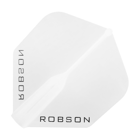 Plumas Robson Plus - Estándar Das Bild zeigt einen klaren, sechseckigen Dartflight mit dem Schriftzug "ROBSON" in schwarzer Farbe. Das Design ist schlicht und durchsichtig gehalten.