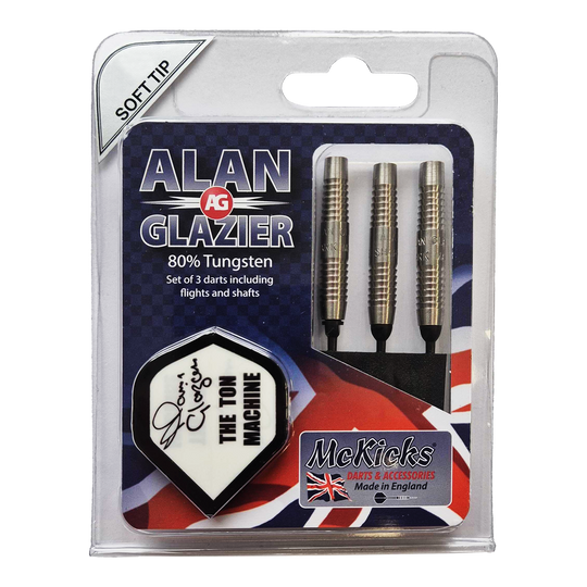 Das Bild zeigt eine Verpackung mit drei Softdarts der Marke "McKicks Alan Glazier Shark Machine". Die Darts bestehen zu 80% aus Tungsten und werden inklusive Flights und Shafts geliefert.