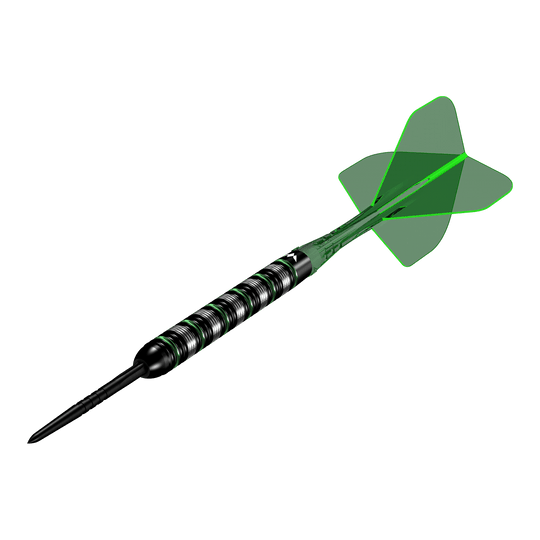 Mission Moldavite Steeldarts - 23g wird aus einer anderen Perspektive gezeigt. Die Darts zeichnen sich durch ein grünes Designelement aus.