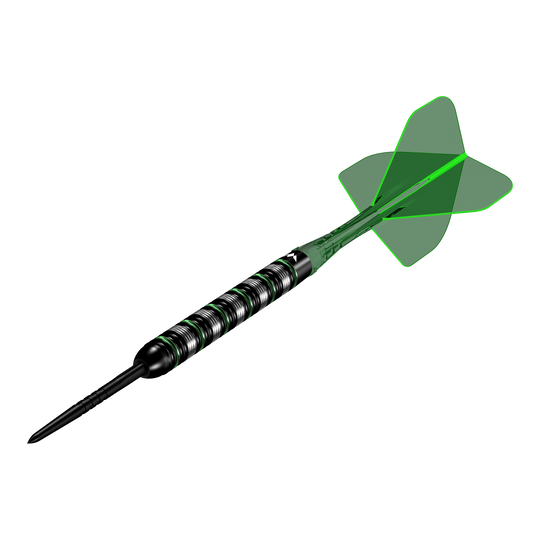 Dardos de acero Mission Moldavite - 23 g Mission Moldavite Steeldarts - 23g wird aus einer anderen Perspektive gezeigt. Die Darts zeichnen sich durch ein grünes Designelement aus.