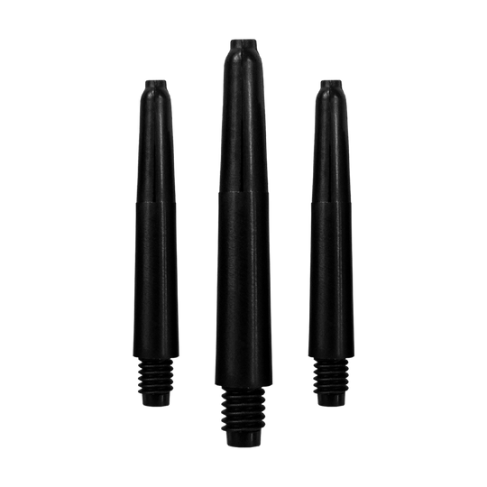 566_Nylon_Shafts_Schwarz_35mm_1 Auf dem Bild sind drei schwarze Nylon-Schäfte zu sehen. Sie sind nebeneinander angeordnet und besitzen ein Schraubgewinde am unteren Ende.