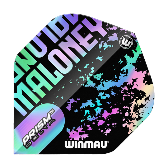 Vuelos estándar de Winmau Prism Delta Mike Maloney Das Bild zeigt ein Winmau Prism Delta Mike Maloney Standard Flight für Darts. Das Flight hat ein auffälliges, buntes Design mit dem Namen "Maloney" und dem Winmau-Logo.