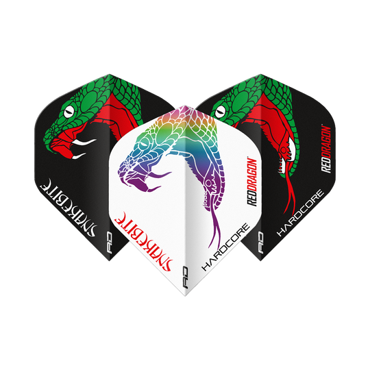 Vuelos estándar Red Dragon Peter Wright Snakebite Black White Yin Yang Das Bild zeigt drei Dart-Flights der Marke "Red Dragon Peter Wright Snakebite Black White Yin Yang Standard Flights". Die Flights sind in Schwarz und Weiß gestaltet und mit farbigen Schlangenmotiven verziert.