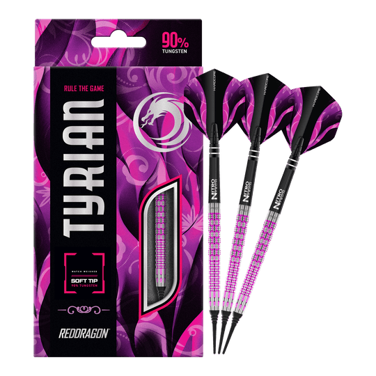 Dardos blandos Red Dragon Tyrian - 22 g Das Bild zeigt die Red Dragon Tyrian Softdarts - 22g mit einem auffälligen pink-schwarzen Design. Die Darts bestehen zu 90% aus Tungsten und werden in einer passenden Verpackung präsentiert.