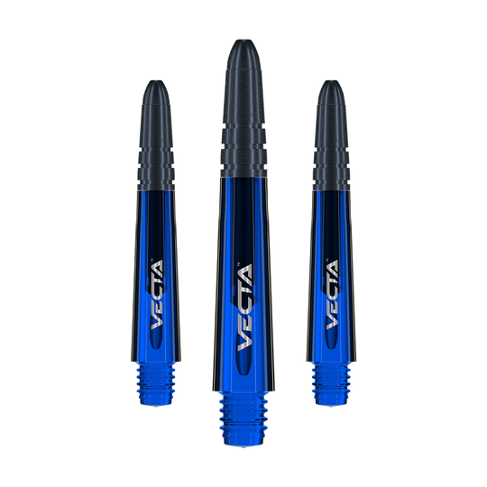 7025-105_Winmau_Vecta_Shafts_Blau_34mm_1 Das Bild zeigt drei blaue Winmau Vecta Shafts für Darts. Die Schäfte haben eine glänzende Oberfläche und das Wort "Vecta" ist darauf zu sehen.