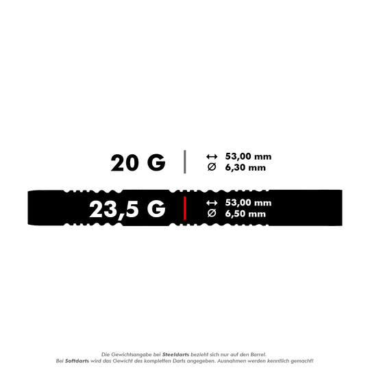 Das Bild zeigt die technischen Daten der Winmau Michael Van Gerwen Exact Softdarts. Das Gewicht beträgt 23,5 Gramm, die Länge 53,00 mm und der Durchmesser 6,50 mm.