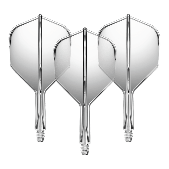 Sistema de eje de vuelo GOAT A1R No6 - Transparente Das Bild zeigt drei durchsichtige Dartflights mit kurzen Schäften. Sie sind nebeneinander angeordnet und besitzen eine klare, glänzende Oberfläche.