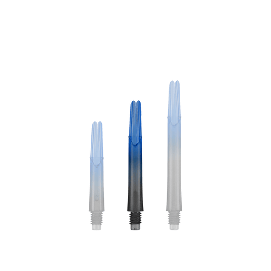 Das Bild zeigt drei unterschiedlich lange, zweifarbige Dartschäfte in Schwarz und Blau. Sie stehen aufrecht nebeneinander auf einem neutralen Hintergrund.