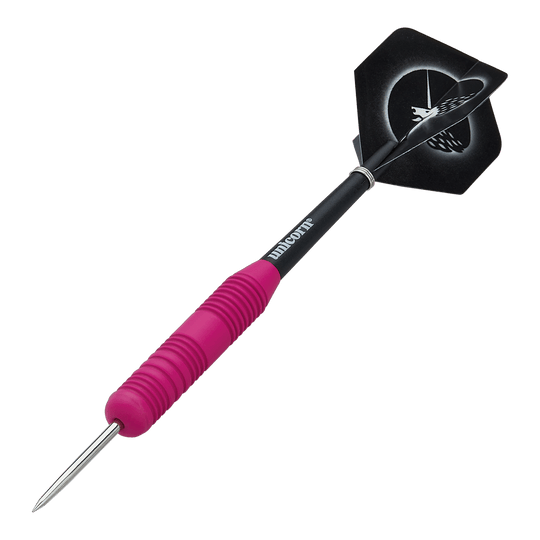 Dardos de acero de goma rosa Unicorn Core Plus Das Bild zeigt einen Unicorn Core Plus Steeldart mit einem pinken, gummierten Griff. Der Dart hat eine schwarze Spitze und einen schwarzen Flight mit weißem Muster.