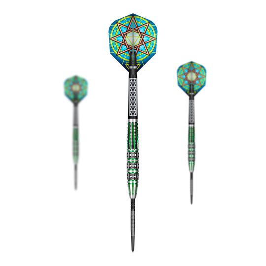 Abgebildet ist ein Set Shot Celt Druid TurboPoints Steeldarts. Die Darts sind dekorativ platziert.