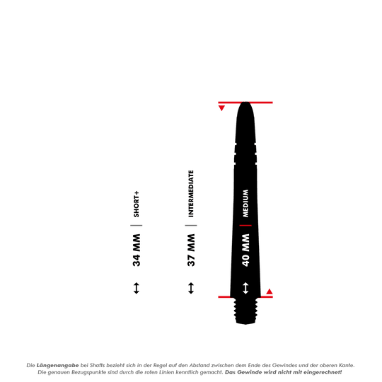 Winmau Vecta Shafts - Schwarz Lila Das Bild zeigt drei verschiedene Längen von Dartshafts: 34 mm (Short+), 37 mm (Intermediate) und 40 mm (Medium). Die roten Linien markieren, wie die Länge ohne das Gewinde gemessen wird.