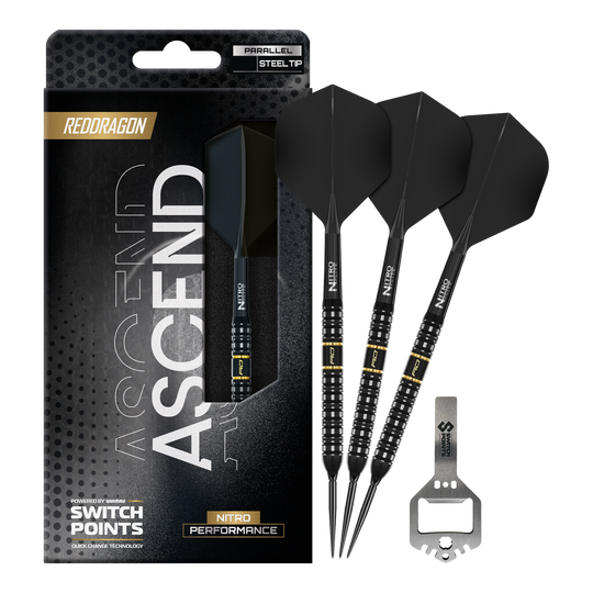 Dardos de acero de punto de conmutación paralelo Red Dragon Ascenso Das Bild präsentiert die Red Dragon Ascend Parallel Switch Point Steeldarts in voller Länge. Die Details des kompletten Darts sind gut erkennbar.