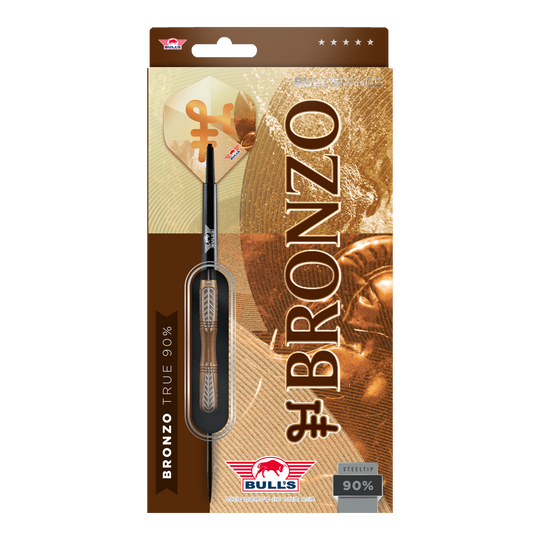 Dardos Bulls NL Bronzo True Steel - 23 g Hier sieht man die Bulls NL Bronzo True Steeldarts - 23g. Die Steeldarts sind in traditioneller Form gestaltet.