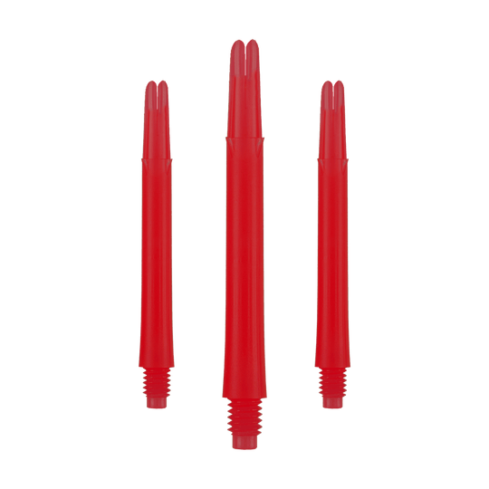 Ejes en L bloqueados rectos estilo L - Rojo Auf dem Bild sind drei rote, gerade Dartschäfte ohne Kappen zu sehen. Sie sind nebeneinander angeordnet, wobei der mittlere etwas länger erscheint als die beiden äußeren.