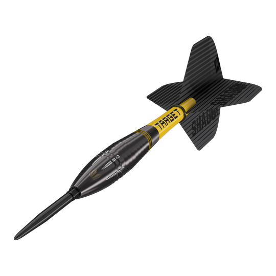 Dardos de acero Target Scott Williams Shaggy Black Swiss Point Das Bild zeigt den Target Scott Williams Shaggy Black Swiss Point Steeldart. Der Dart hat ein schwarzes Design mit gelben Akzenten und einer schwarzen Flights.