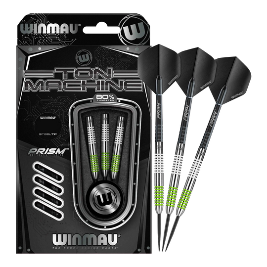 Dardos de acero Winmau Ton Machine Das Bild zeigt das Set der Winmau Ton Machine Steeldarts in voller Ansicht. Diese Steeldarts sind ideal für Dartliebhaber.