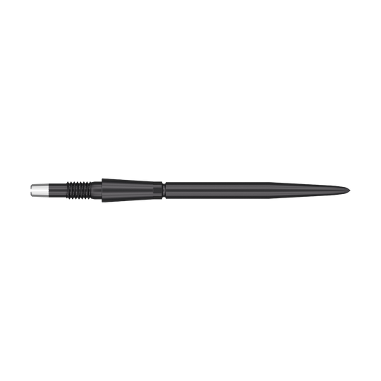 Puntas de dardos Target Swiss Storm Point - Negras Das Bild zeigt eine schwarze Dartspitze mit einem geriffelten Griffbereich. Die Spitze ist lang und schmal, ideal für den Einsatz bei Dartpfeilen.