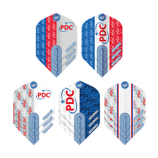 Colección de vuelo Winmau PDC Prism Das Bild zeigt die "Winmau PDC Prism Flight Collection" mit fünf unterschiedlichen Dart-Flights. Die Flights sind in den Farben Blau, Rot und Weiß gehalten und mit den Logos "PDC" und "Winmau" bedruckt.