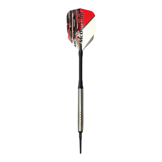 Dardos blandos McDart 85 Tungsten V14 - 17 g Das Bild zeigt einen McDart 85er Tungsten V14 Softdart mit einem Gewicht von 17 Gramm. Der Dart hat eine silberne Spitze, einen schwarzen Schaft und eine rot-weiße Flights.