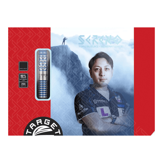 Dardos blandos Target Japan Toru Suzuki Sereno GEN2 - 20 g Die Verpackung zeigt das Produkt "Target Japan Toru Suzuki Sereno GEN2 Softdarts - 20g". Auf der Vorderseite ist ein Bild von Toru Suzuki sowie die Darts und Produktinformationen abgebildet.