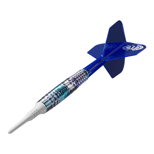 Das Bild zeigt einen Softdart mit einem silber-blauen, metallischen Schaft und einer weißen Spitze. Die Flights am Ende des Darts sind blau und tragen ein weißes Logo.