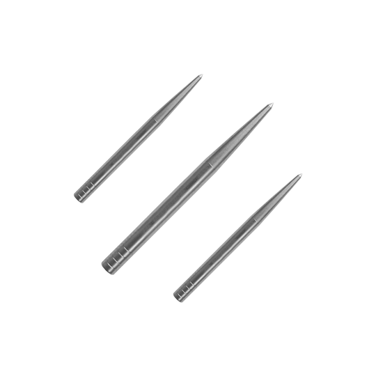 Puntas de dardos Condor Beak Point sin corte Auf dem Bild sind drei silberne Dartspitzen zu sehen. Sie sind spitz zulaufend und aus Metall gefertigt.