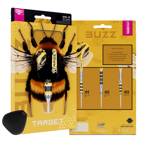 Dardos de acero Target Buzz 03 Swiss Points Hier sind die Target Buzz 03 Swiss Points Steeldarts abgebildet. Die Steeldarts überzeugen mit hoher Qualität.