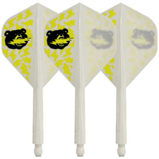 Condor Axe Black Bear Miyu Miyawaki Flight-Shaft White - Standard Das Bild zeigt drei weiße Dartflights mit gelben Blitzen und einem schwarzen Bärenkopf als Motiv. Die Flights sind Teil des Produkts "Condor Axe Black Bear Miyu Miyawaki Flight-Shaft White - Standard".