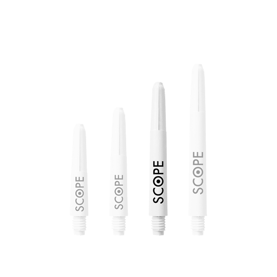 526_McDart_Scope_Nylon_Shafts_Weiss_41mm_1 Das Bild zeigt vier weiße McDart Scope Nylon Shafts in unterschiedlichen Längen. Auf jedem Shaft steht das Wort "SCOPE" in schwarzer Schrift.