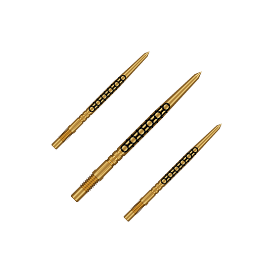 Puntas de dardo Shot Turbo Point Goths - Oro Das Bild zeigt ein Set goldfarbener Dartspitzen in kurzer Ausführung. Sie eignen sich für verschiedene Dartpfeile.