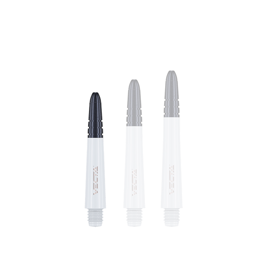 7025-102_Winmau_Vecta_Shafts_Weiss_34mm_1RtbDMXjAC0Hhc Auf dem Bild sind drei weiße Winmau Vecta Shafts in unterschiedlichen Längen zu sehen. Die Spitzen der Shafts sind schwarz gehalten.