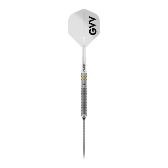 Dardos de acero Winmau Gian Van Veen W-MAX Switch Point Winmau Gian Van Veen W-MAX Switch Point Steeldarts sind auf weißem Hintergrund abgebildet. Die Darts präsentieren sich im Profil.