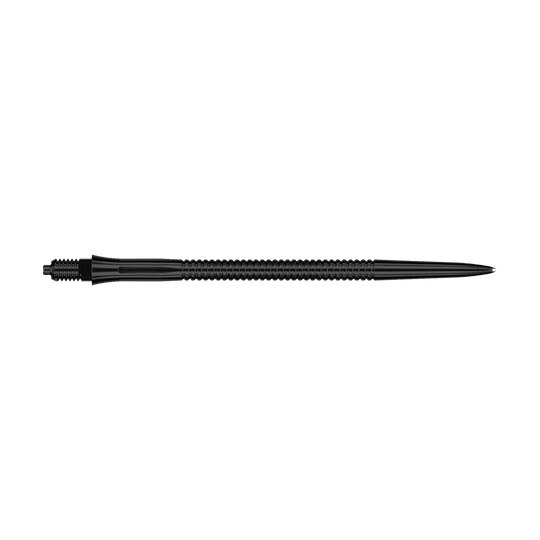 Puntas de dardo Caliburn EZ-EVO - Ranuradas - Negras Zu sehen sind schwarze Dartspitzen mit Rillen und einer Länge von 45 mm. Die Aufnahme hebt die Details der Oberfläche hervor.
