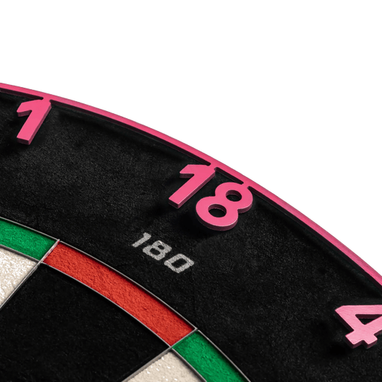 Diana de dardos Precise 180 Endorphine de acero con aro numerado - Rosa cibernético Gezeigt wird das Precise 180 Endorphine Steeldartboard mit Nummernring in Cyber Pink. Das Dartboard ist ideal für Turniere oder den Heimgebrauch.