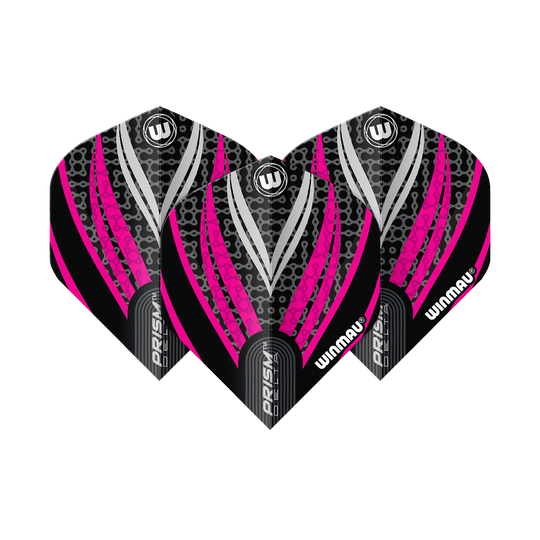 Plumas estándar Winmau Prism Delta n.° 2, color negro, blanco y rosa Das Bild zeigt drei Dart-Flights des Modells "Winmau Prism Delta Schwarz Weiß Pink No2 Standard". Die Flights haben ein auffälliges Design in Schwarz, Pink und Weiß mit dem Winmau-Logo.