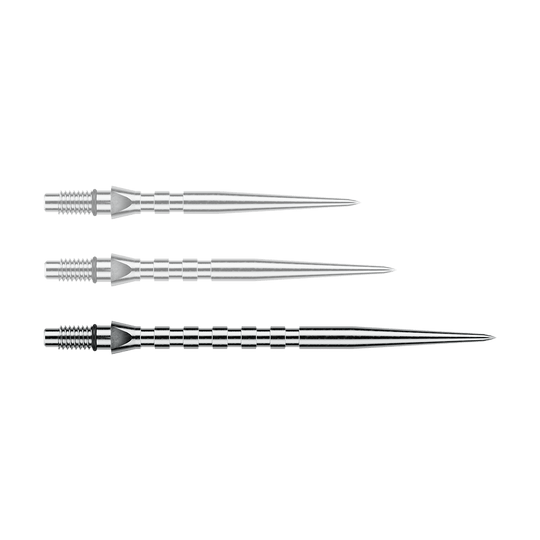 Das Bild stellt eine einzelne Winmau Switch Point Groove Steeldartspitze mit 40mm Länge dar. Die silberne Spitze besitzt eine geriffelte Struktur für bessere Griffigkeit.