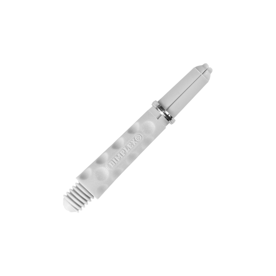 HR323_Harrows_Dimplex_Shafts_Weiss_34mm_2 Das Bild zeigt einen weißen Dart-Schaft mit einer genoppten Oberfläche. Auf dem Schaft steht das Wort "DIMPLEX".