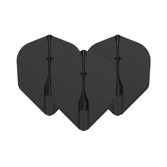 Vuelos L-L-Style3EZ Auf dem Bild sind drei schwarze Dartflights zu sehen. Sie sind in einer Reihe angeordnet und haben eine klassische Form.