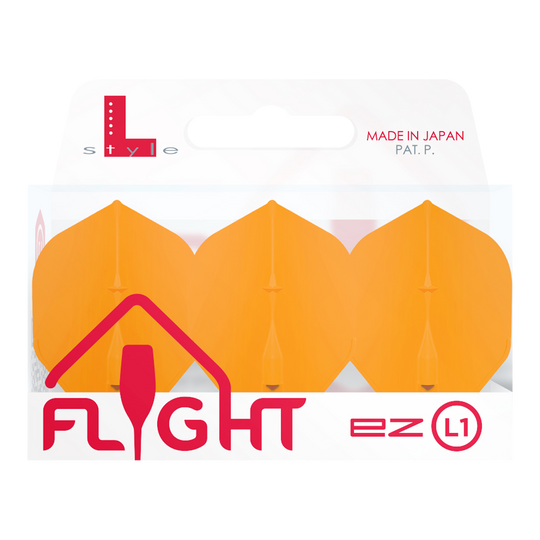 Vuelos estándar L-Style Champagne L1EZ Das Bild zeigt eine Packung „L-Style Champagne L1EZ Standard Flights“ in Orange. Die Verpackung ist durchsichtig und trägt die Aufschrift „Flight ez L1“.
