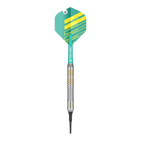 Dardos blandos de latón Target Rob Cross - 18 g Das Bild zeigt einen Softdart der Marke "Target Rob Cross Brass Softdarts - 18g". Der Dart hat eine grün-gelbe Flight und einen silber-goldenen Schaft.