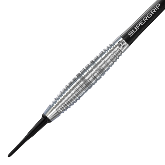 Dardos blandos Harrows NX90 Bomb Das Bild zeigt einen Harrows NX90 Bomb Softdart. Der Dart hat eine silberne, geriffelte Metallspitze und einen schwarzen Schaft mit der Aufschrift "SUPERGRIP".