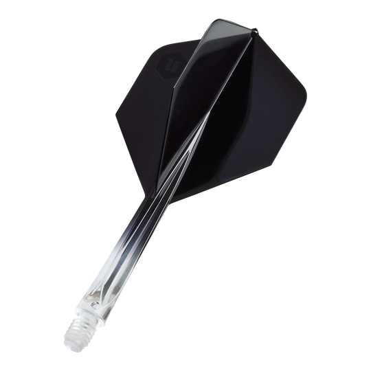 Plumas estándar Unicorn Forge Two Tone No2 - Negro transparente Das Bild zeigt die Unicorn Forge Two Tone No2 Standard Flights in Schwarz. Es handelt sich um Flights für Dartpfeile mit klarem und schwarzem Design.