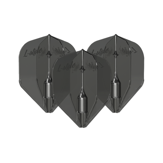 Plumas L-Style Fantom L3EZ, color negro transparente Das Bild zeigt drei schwarze, transparente Dart-Flights des Modells "L-Style Fantom L3EZ". Auf den Flights ist der Schriftzug "L-style" zu sehen.