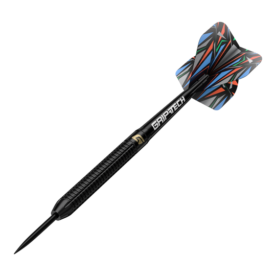 Dardos de acero GOAT Athlete de latón negro - 13 g Dies ist der GOAT Athlete Black Brass Steeldart mit einem Gewicht von 13g. Der Dart hat ein schwarzes Design mit buntem Flight und der Aufschrift "GRIPTECH".